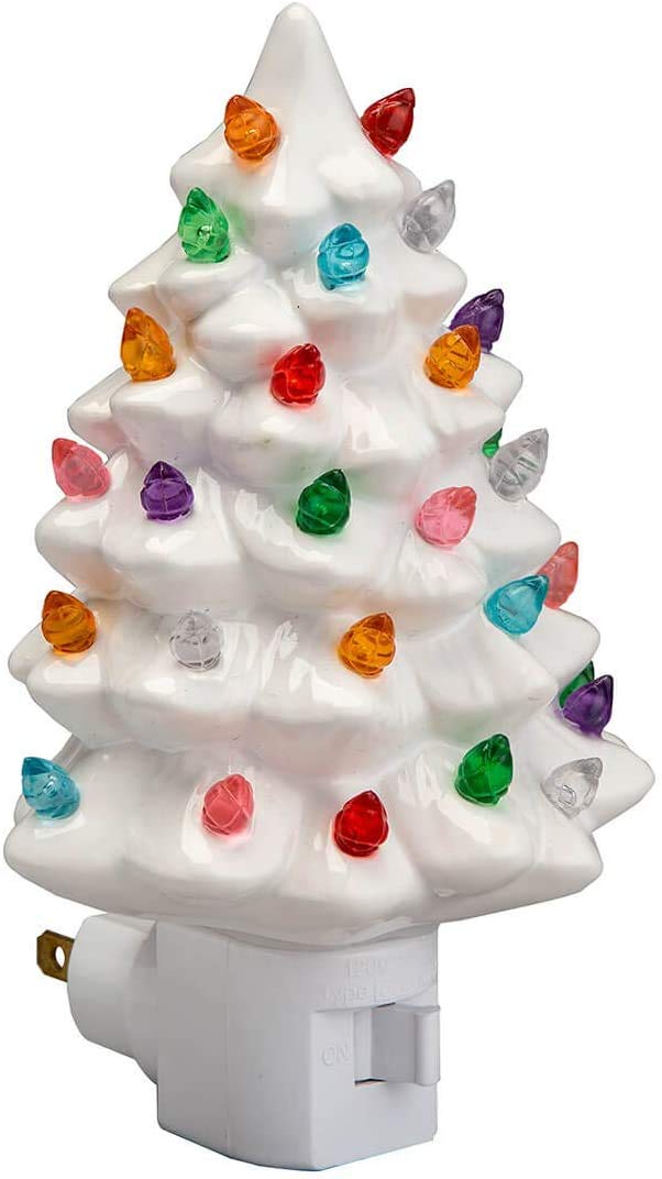 Collections Etc شجرة عيد الميلاد الخزفية الزخرفية ضوء ليلي أبيض