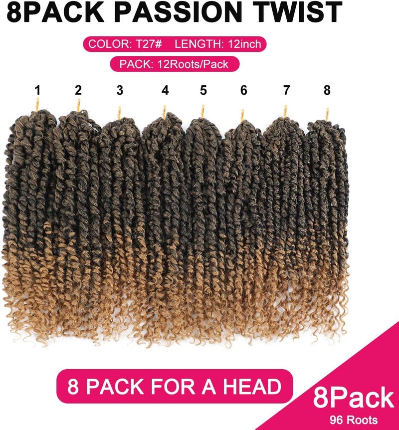 NAYOO Passion Twist Hair - 8 Packs 12 Inch Passion Twist Crochet Hair For Women, Crochet Pretwisted Curly Hair Passion Twists Synthetic Braiding Hair Extensions (12 Inch 8 Packs, T27) - Image 4