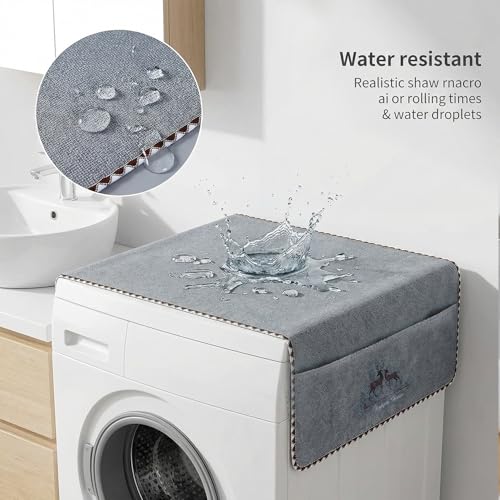 Zeinwap Washing Machine Cover | Grey Felt Fabric, Decorative Horse Pattern, Dustproof & Splash Protection | Front-Loading Laundry Appliance Cover with Pocket Storage, Grey - Image 3