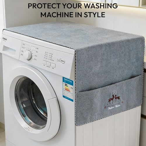 Zeinwap Washing Machine Cover | Grey Felt Fabric, Decorative Horse Pattern, Dustproof & Splash Protection | Front-Loading Laundry Appliance Cover with Pocket Storage, Grey - Image 5
