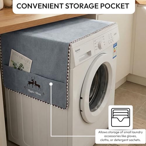 Zeinwap Washing Machine Cover | Grey Felt Fabric, Decorative Horse Pattern, Dustproof & Splash Protection | Front-Loading Laundry Appliance Cover with Pocket Storage, Grey - Image 2