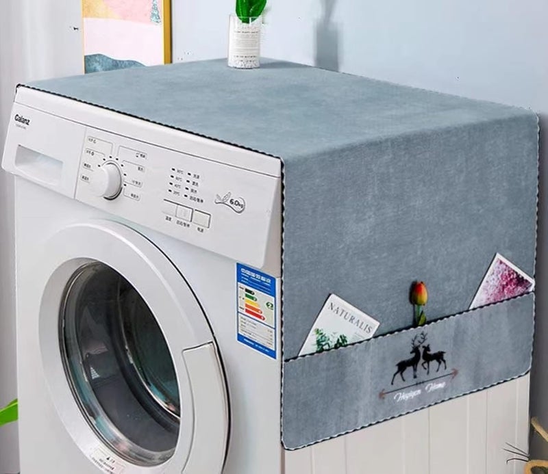 Zeinwap Washing Machine Cover | Grey Felt Fabric, Decorative Horse Pattern, Dustproof & Splash Protection | Front-Loading Laundry Appliance Cover with Pocket Storage, Grey - Image 1