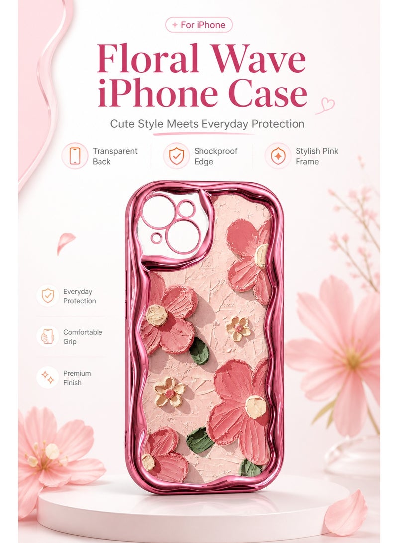 AL RAID Floral Wave iPhone 14 Pro Case, Cute Pink Transparent Phone Cover With Shockproof Wavy Bumper, Clear Back Protective Case, Soft TPU Mobile Cover With Camera Lens Protection For Women And Girls - Image 1