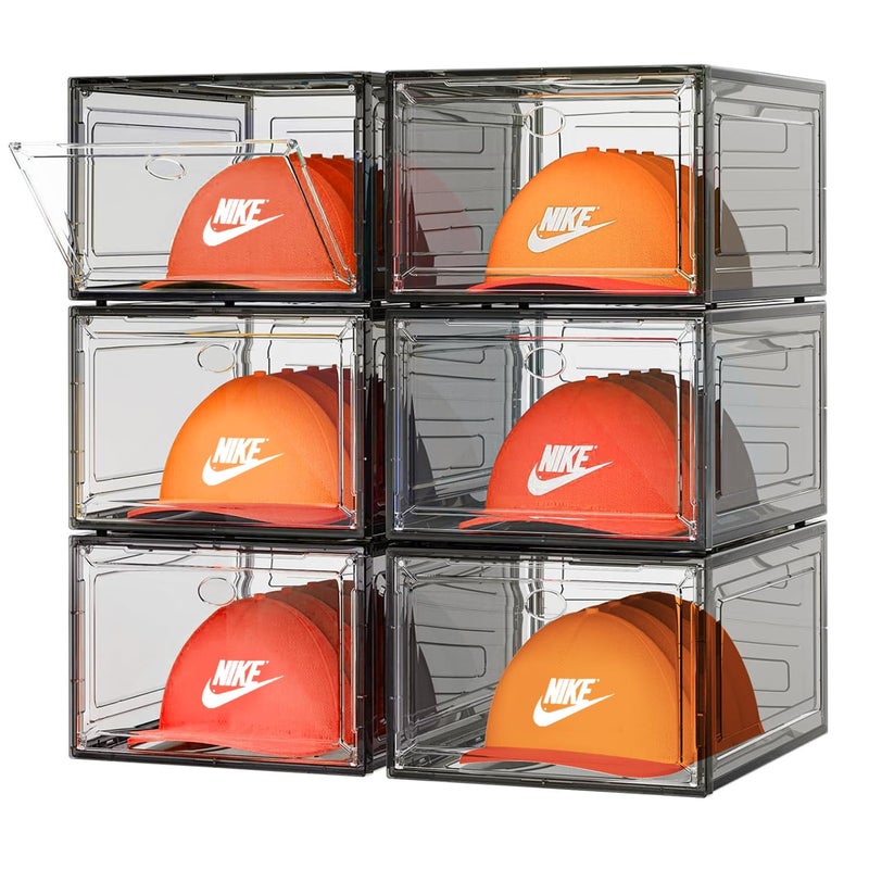 SCAVATA 6 Pack Hat Organizer Box Stackable Clear Baseball Caps Holder Box Containers with Magnetic Door for Hats Snapback Cap Storag Hat Rack Display Case Holds 8 Hats Each Black