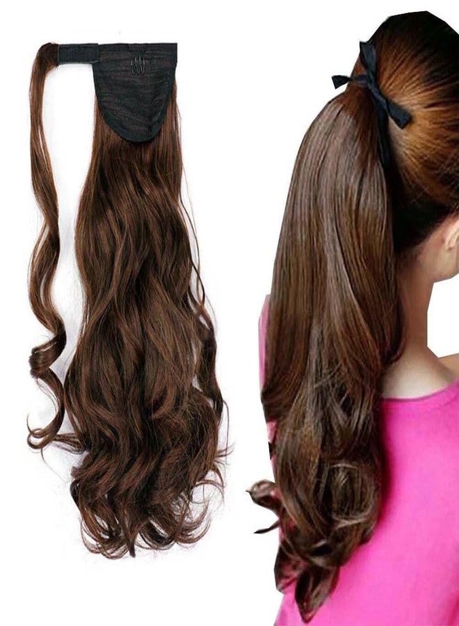 iLUU 18 Inch Long Curly Wavy Wrap Around Ponytail Hairpiece Dark Brown mix Auburn Color Magic Paste Synthetic Ponytail Hair Extension for Women Girls (100g, #4A/30B Highlights Color) - Image 1