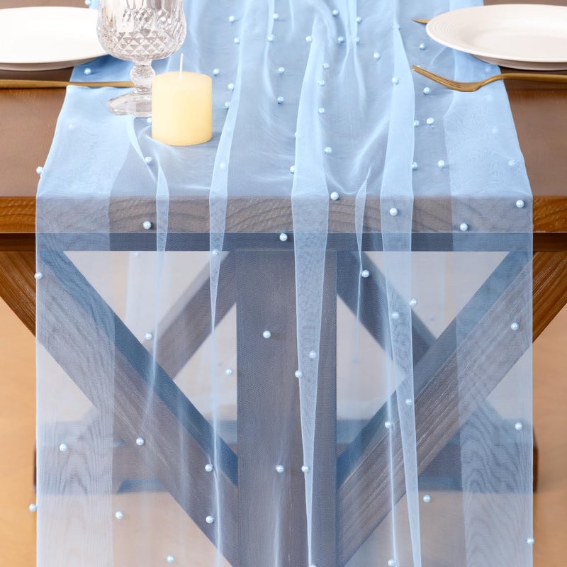 Socomi Pearl Table Runner Blue Spring Easter Cheesecloth 10FT Gauze Dining Wedding Birthday Party Baby Shower Anniversary Holiday Centerpiece Table Decor - Image 2