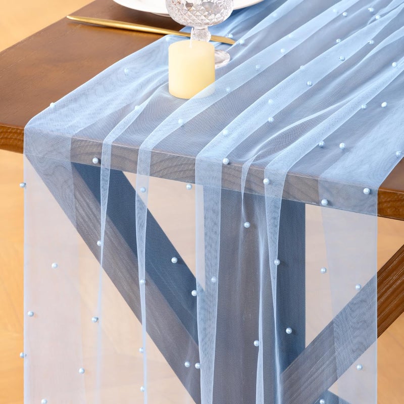 Socomi Pearl Table Runner Blue Spring Easter Cheesecloth 10FT Gauze Dining Wedding Birthday Party Baby Shower Anniversary Holiday Centerpiece Table Decor - Image 1