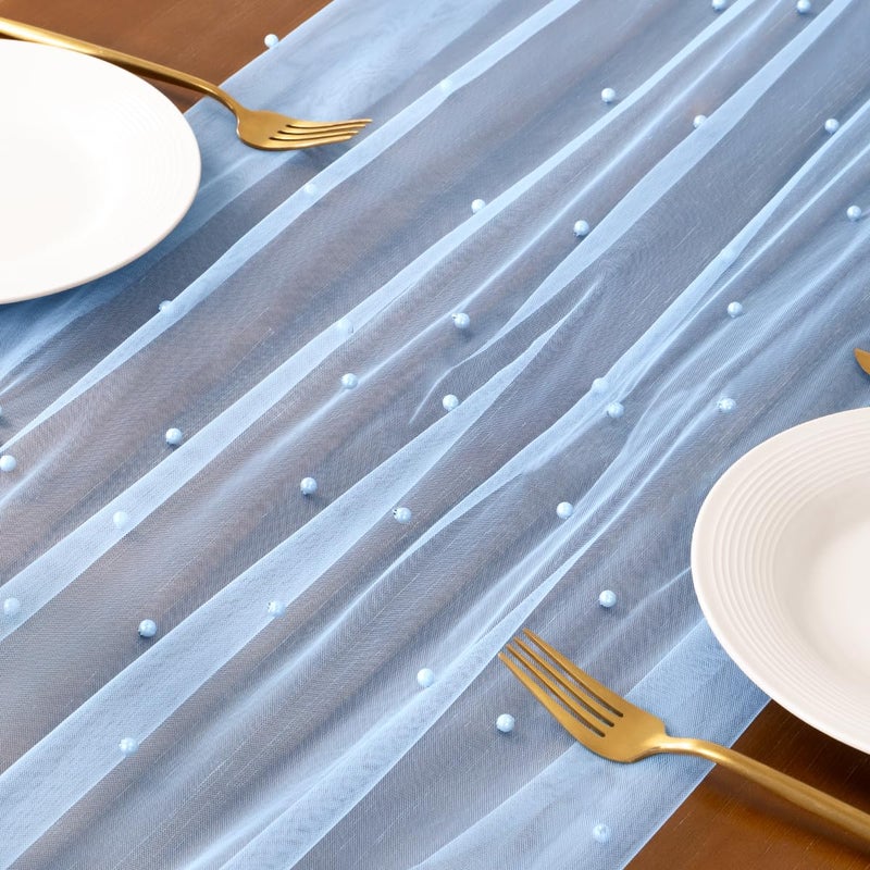 Socomi Pearl Table Runner Blue Spring Easter Cheesecloth 10FT Gauze Dining Wedding Birthday Party Baby Shower Anniversary Holiday Centerpiece Table Decor - Image 5