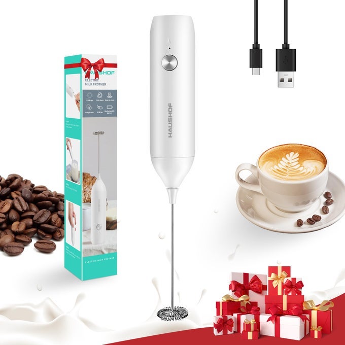 POWERFUL RECHARGEABLE MILK FROTHER WAND HANDHELD ELECTRIC FOAM MAKER DRINK MIXER WITH DETACHABLE STAINLESS STEEL WHISK FOR COFFEE LATTE CAPPUCCINO MATCHA NO STAND WHITE