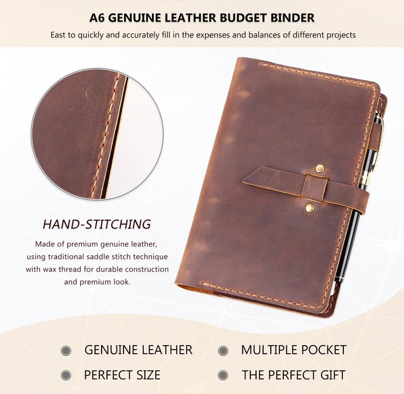 Robrasim Leather Binder Budget with Cash Envelopes, Handmade Leather A6 Binder for Money Saving Planner, Cash Envelopes for Budgeting, Money Organizer for Cash - Brown - Image 2