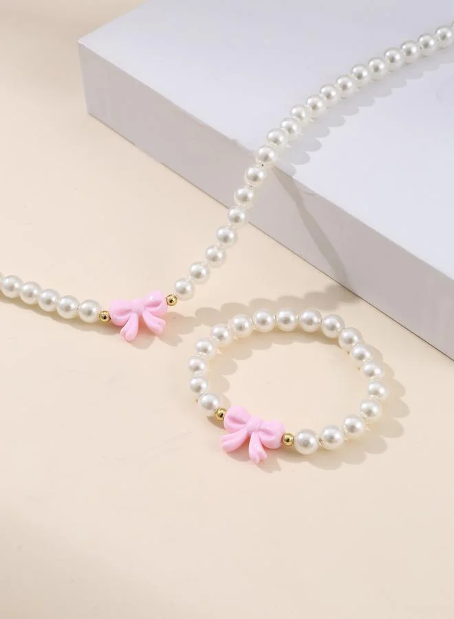 Take Two Girls White Bow Charm Pearl Necklace and Bracelet Set