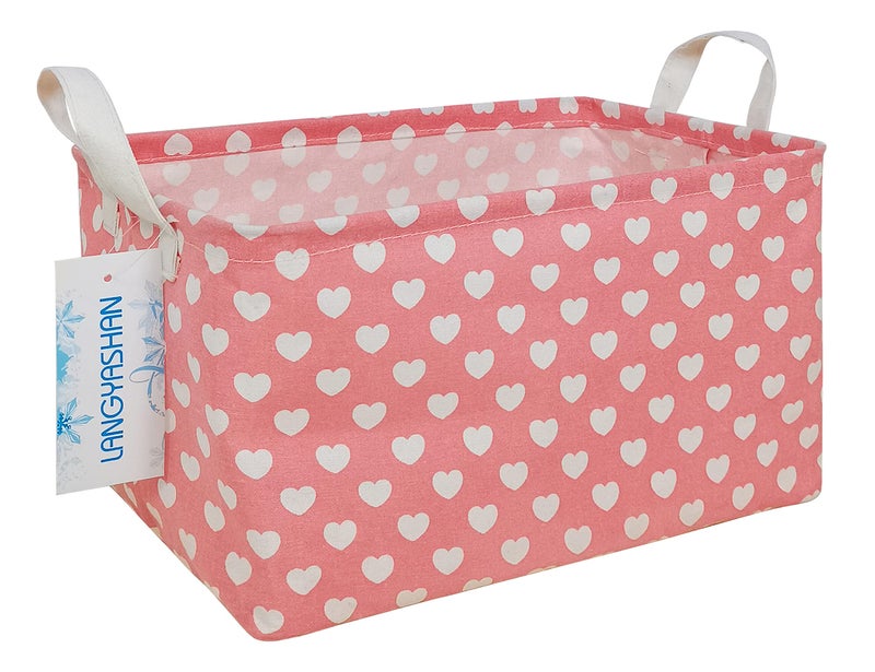 LANGYASHAN Rectangular Storage Bin Collapse Canvas Fabric Cartoon Storage Basket with Handles for Organizing Home Kitchen Boys and Girls Toys Office Closet Shelf Baskets Rec pink heart