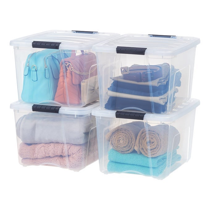 USA 40 QT STACKABLE PLASTIC STORAGE BINS WITH LIDS 4 PACK BPAFREE MADE IN USA SEETHROUGH ORGANIZING SOLUTION LATCHES DURABLE NESTABLE CONTAINERS SECURE PULL HANDLE CLEAR