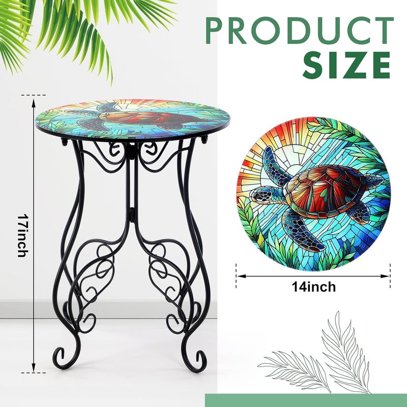 جيلين 14 Inch Christmas Outdoor Mosaic Side Table Round Small Patio Accent Indoor End Plant Metal Coffee Tea Table for Yard Porch Garden Patio Living Room, Bedroom(Turtles) - Image 3