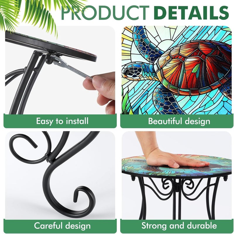 جيلين 14 Inch Christmas Outdoor Mosaic Side Table Round Small Patio Accent Indoor End Plant Metal Coffee Tea Table for Yard Porch Garden Patio Living Room, Bedroom(Turtles) - Image 4