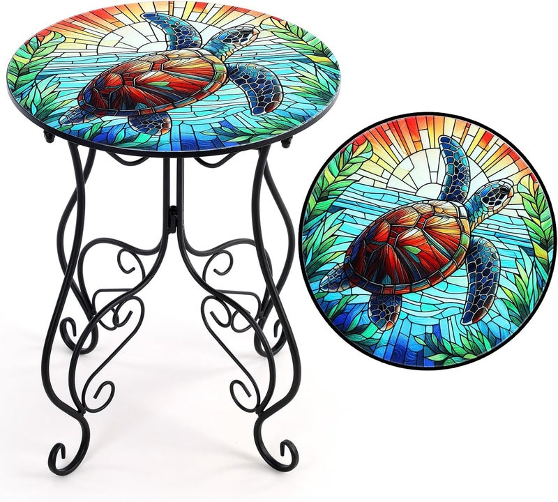 جيلين 14 Inch Christmas Outdoor Mosaic Side Table Round Small Patio Accent Indoor End Plant Metal Coffee Tea Table for Yard Porch Garden Patio Living Room, Bedroom(Turtles) - Image 1