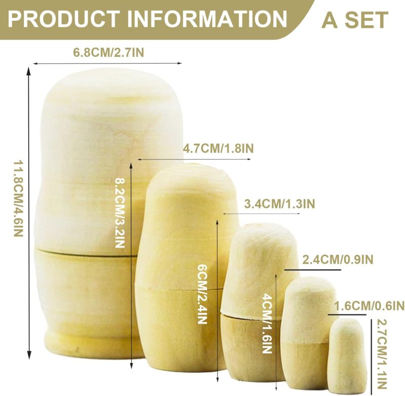 Russian Nesting Dolls 5Pcs Smooth Premium Wood Blank Canvas - Cultural Educational Keepsake Diy Painting Dolls for Family Art Projects Kids & Adults - Image 4