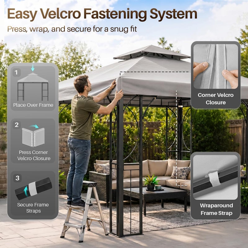 Flexzion Gazebo Cover Replacement Canopy Top 12x12 Ft (3.6m x 3.6m) - Double Tier Top Canopy Cover Replacement with UV30+, Dirt, Water Resistant for Outdoor, Sunshade, Garden, Patio, Pavilion (Gray) - Image 4