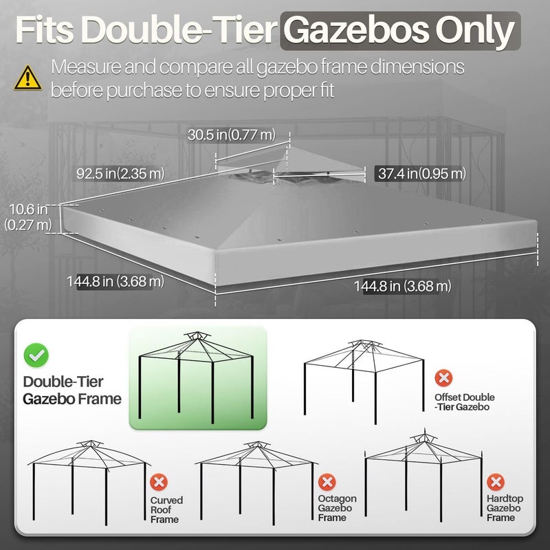 Flexzion Gazebo Cover Replacement Canopy Top 12x12 Ft (3.6m x 3.6m) - Double Tier Top Canopy Cover Replacement with UV30+, Dirt, Water Resistant for Outdoor, Sunshade, Garden, Patio, Pavilion (Gray) - Image 5