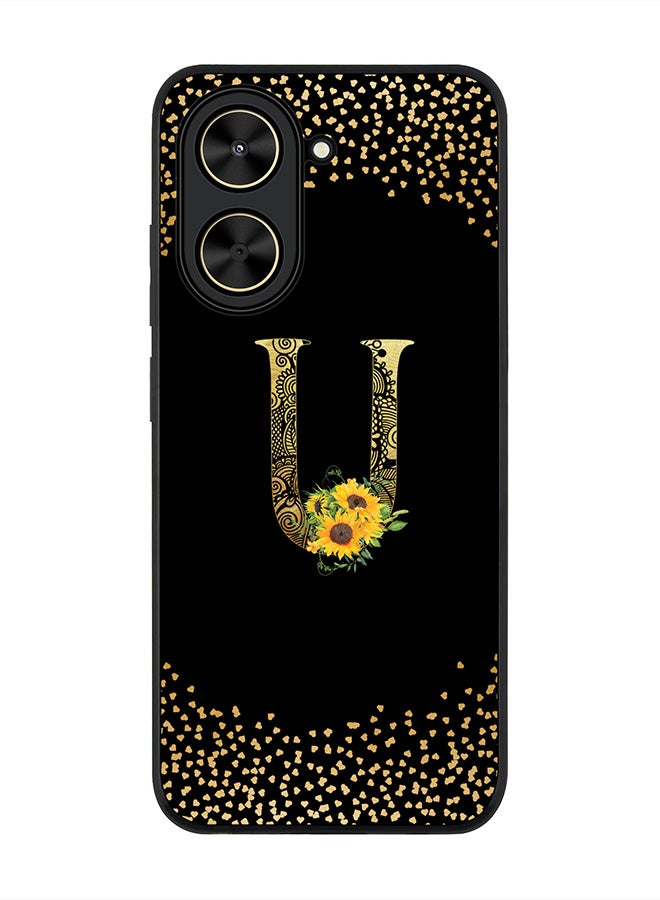 Stylizedd For Xiaomi Poco C71 / Redmi A5 4G Case,Slim fit Camera Protection, Shockproof Thin Phone cover  - Custom Floral Monogram - U ( Black )