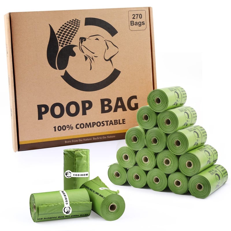 Codirom Certified Compostable Dog Poop Bags, 270 Count Landfill Friendly and Leakproof Waste Bags, Easy Open Unscented Forest Green Poop Bag for Dog, 15 Doggy Bags Per Roll (18 rolls) - Image 1