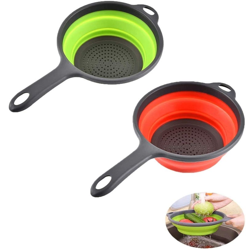 ddLUCK 2 Pack Kitchen Foldable Silicone Strainer Colanders, Collapsible Colanders with Handles, Space-Saver Folding Strainer Colander for Draining Pasta, Vegetable (Green and Red) - Image 1