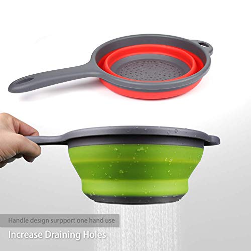 ddLUCK 2 Pack Kitchen Foldable Silicone Strainer Colanders, Collapsible Colanders with Handles, Space-Saver Folding Strainer Colander for Draining Pasta, Vegetable (Green and Red) - Image 2