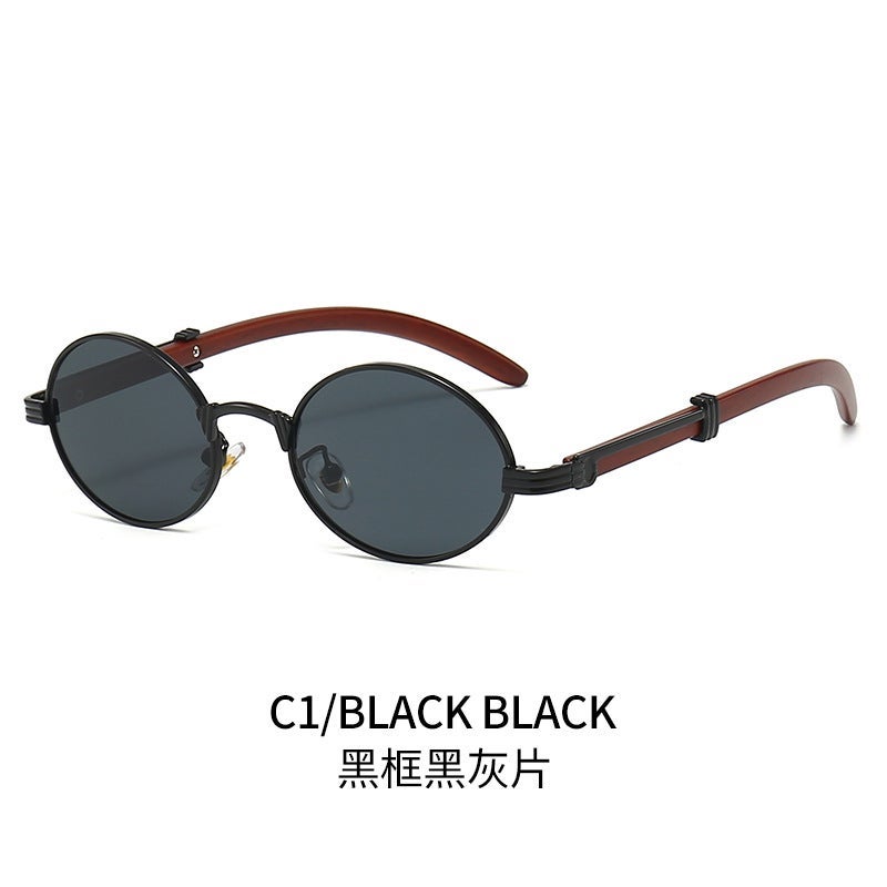 Cross-border Autumn New retro wood-like sunglasses European and American mens oval frame sunglasses womens fashion glasses wholesale Black frame black and gray piece