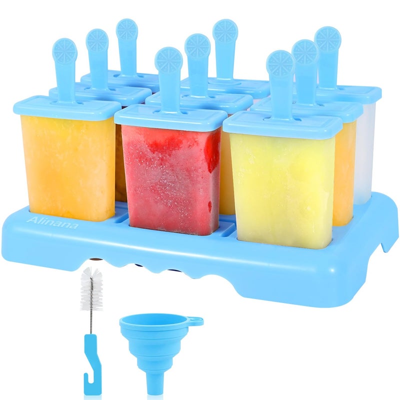Alinana 9 Cavities Popsicles Molds Without BPA Popsicle Molds with Builtin Popsicle Stick DIY Popsicle Molds with Cleaning Brush and Funnel