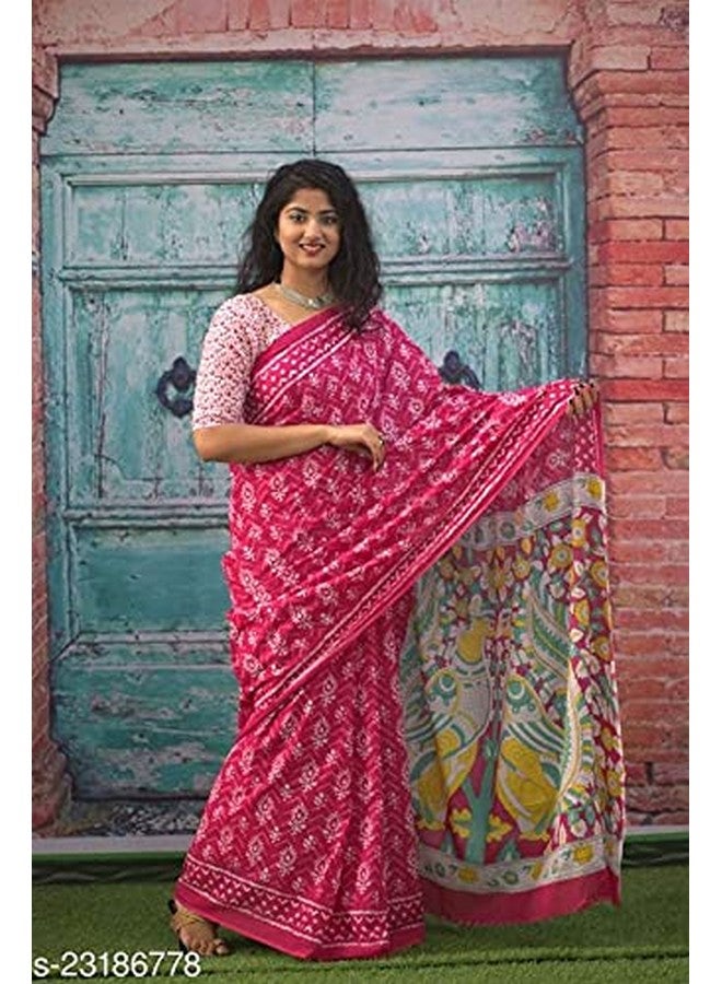 Kiaaron Women's Ikat Hand Block Print Jaipuri Cotton Mulmul Saree with Blouse Piece -Pink_Kia526 - Image 2
