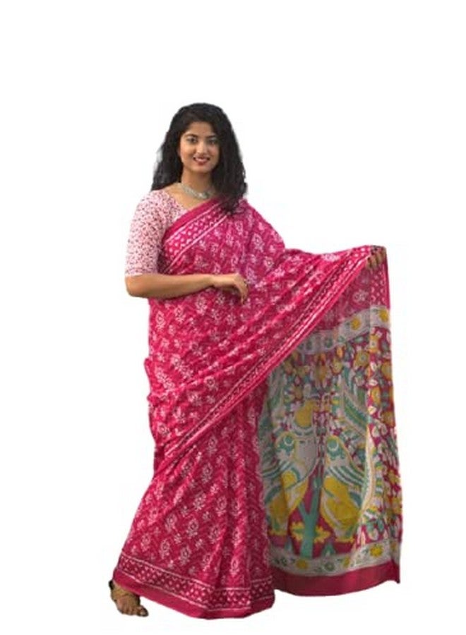 Kiaaron Women's Ikat Hand Block Print Jaipuri Cotton Mulmul Saree with Blouse Piece -Pink_Kia526 - Image 1