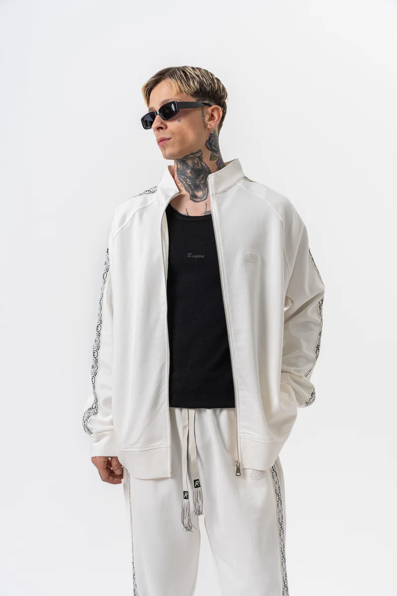 RESPIRE Men's Damask Striped Stand Collar Doubleface Zip Oversize Sweatshirt Ecru