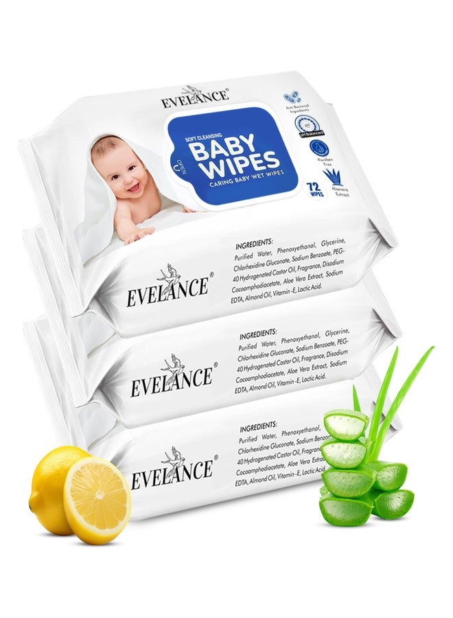 EVELANCE Soft Cleansing Baby Wet Wipes (Pack of 3) 72 Wipes Each, Daily Use Wipe Enriched with Glycerine, Aloe Vera, Lemon, 98% Water, For New Born Babies and Kids - Image 1