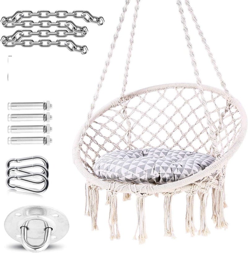 DD FC Hammock Chair Macrame Swing -Hanging Cotton Rope Hammock Swing Chair for Indoor and Outdoor Use,Handmade Knitted Cotton Rope Hanging Chair(White) - Image 1