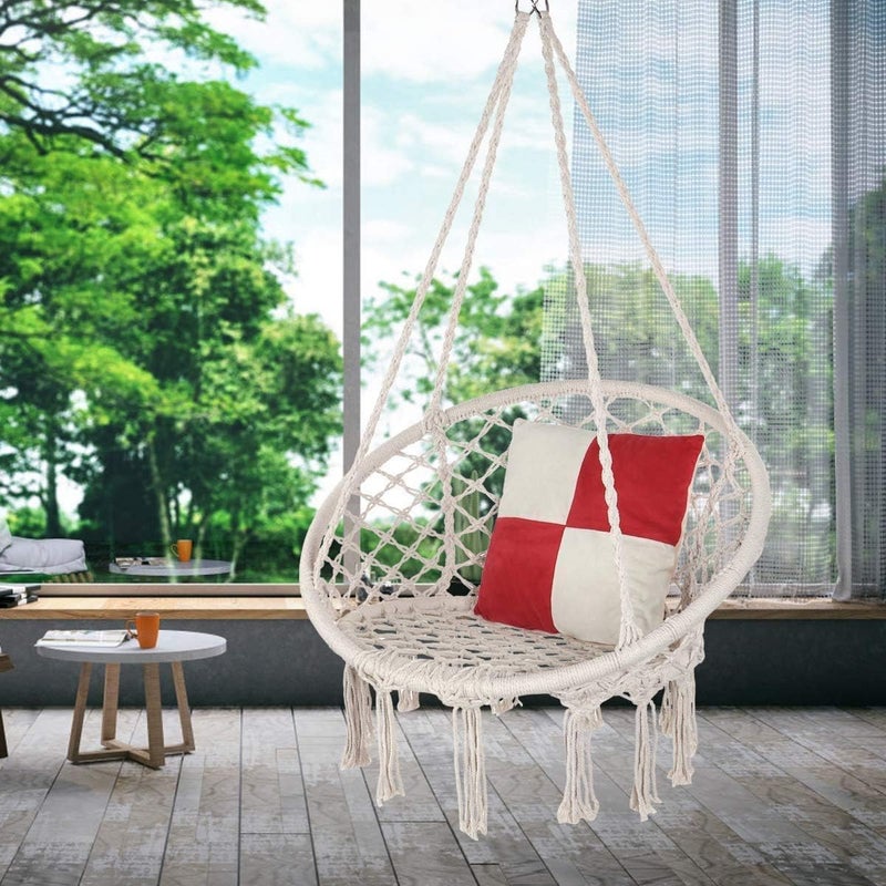 DD FC Hammock Chair Macrame Swing -Hanging Cotton Rope Hammock Swing Chair for Indoor and Outdoor Use,Handmade Knitted Cotton Rope Hanging Chair(White) - Image 3