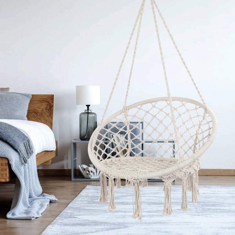 DD FC Hammock Chair Macrame Swing -Hanging Cotton Rope Hammock Swing Chair for Indoor and Outdoor Use,Handmade Knitted Cotton Rope Hanging Chair(White) - Image 2