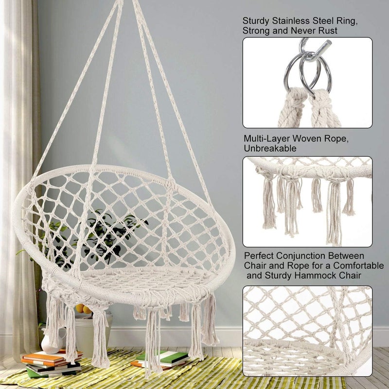 DD FC Hammock Chair Macrame Swing -Hanging Cotton Rope Hammock Swing Chair for Indoor and Outdoor Use,Handmade Knitted Cotton Rope Hanging Chair(White) - Image 5