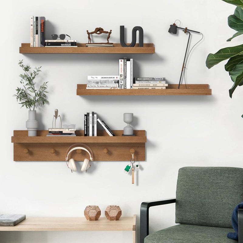 MBYD 24 Inch Floating Shelves, Picture Ledge Shelf, Natural Wood Wall Shelf, Nursery Book Shelves for Kids Room Decor with Hooks, Kitchen Bathroom Storage, Living Room Walnut - Image 5