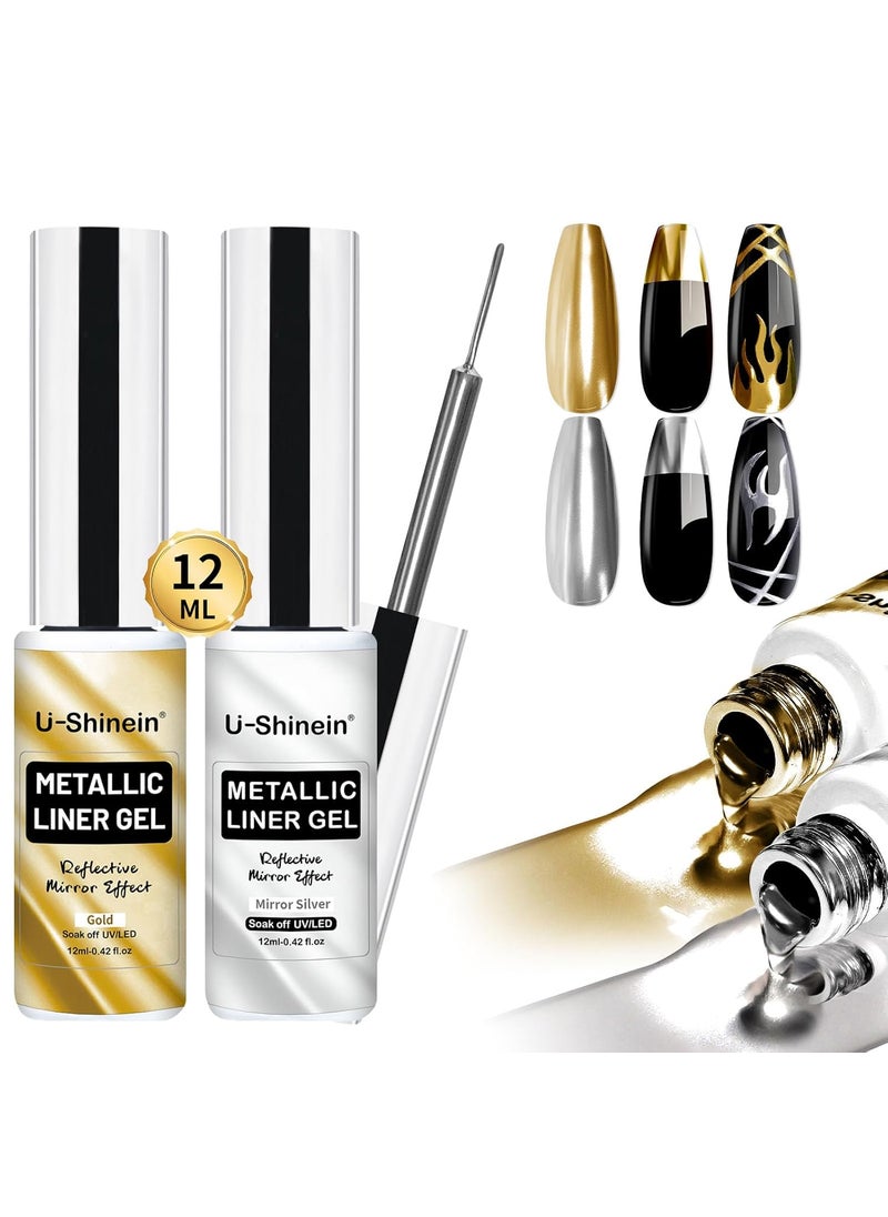 U-Shinein 2x12ml Metallic Mirror Painting Gel Nail Polish, Silver & Gold Metal Painted Drawing Gel with Build in Thin Brush, Chrome Gel Polish Nail Art Gel Liner Soak Off Nail Art Manicure 