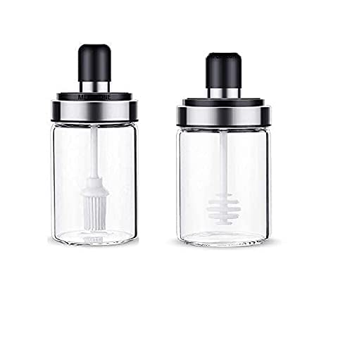 LOCANS Borosilicate Glass Kitchen Spice Condiment Jars Seasonning Box Jar with Spoon and Olive Oil Bottle with Brush BrushHoney Pack of 2 - Image 1