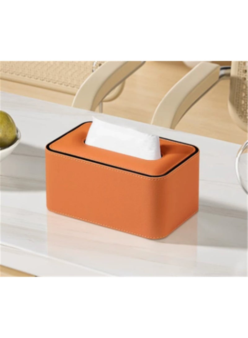 Tissue Box, PU Leather Tissue Holder with Lid, Facial Tissue Case Napkin Dispenser for Home Office Bathroom Bedroom Car, 19*12*10cm, Orange - Image 1