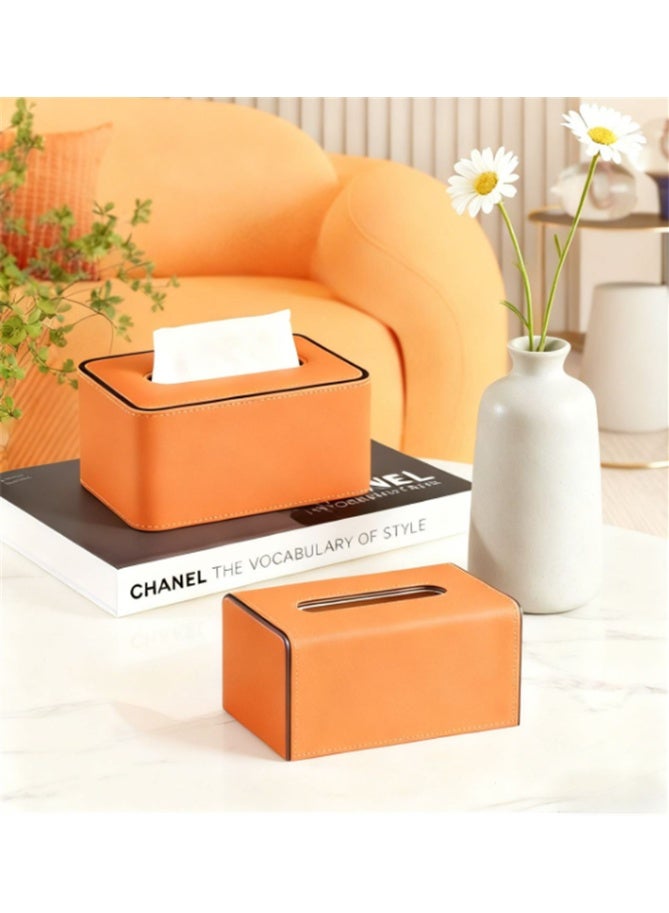 Tissue Box, PU Leather Tissue Holder with Lid, Facial Tissue Case Napkin Dispenser for Home Office Bathroom Bedroom Car, 19*12*10cm, Orange - Image 3