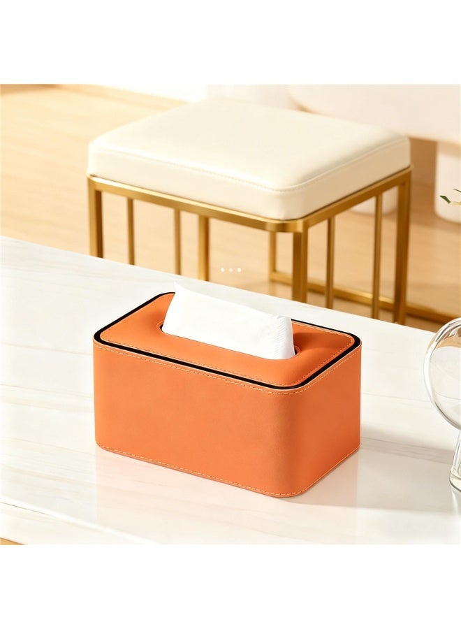Tissue Box, PU Leather Tissue Holder with Lid, Facial Tissue Case Napkin Dispenser for Home Office Bathroom Bedroom Car, 19*12*10cm, Orange - Image 5