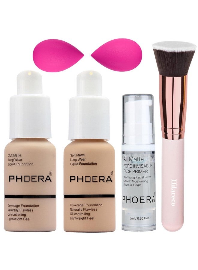 Hilareco PHOERA Foundation, Full Coverage Foundation, PHOERA Primer, PHOERA Makeup Set, Flat Top Kabuki Makeup Brushes Foundation Brush Powder Brush,2 Pcs Makeup Sponge (102 Nude + 104 Buff Beige) - Image 1