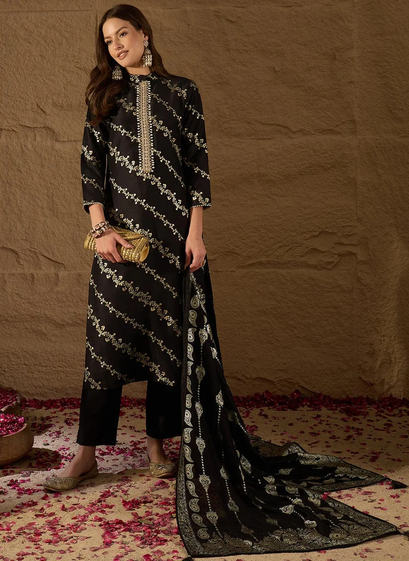 ZERESOUQ Black Silk Blend Floral Foil Printed Straight Kurta Set