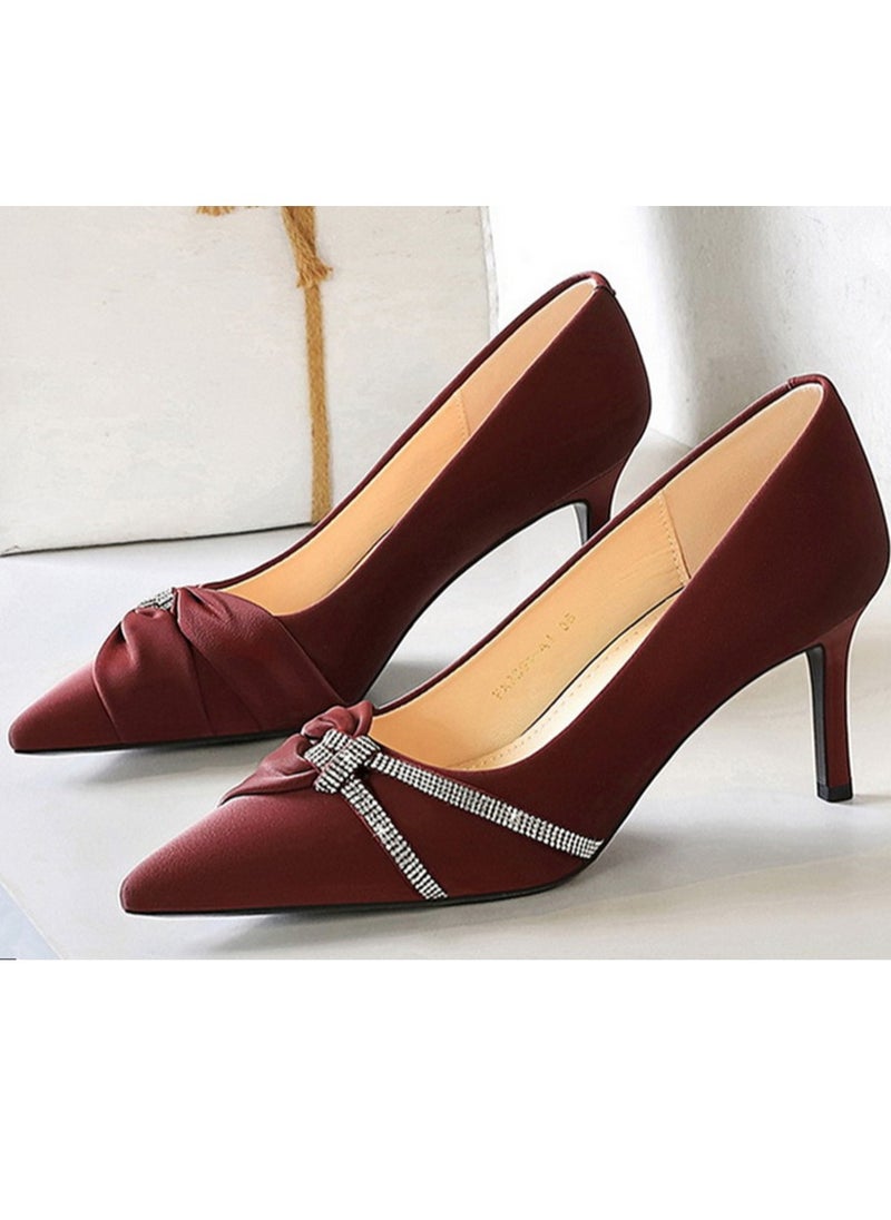 BIGTREE Women's Closed Pointed Toe Stiletto Pump Rhinestone Bowknot Decoration High Heels Wine Red 7 CM  - Image 1
