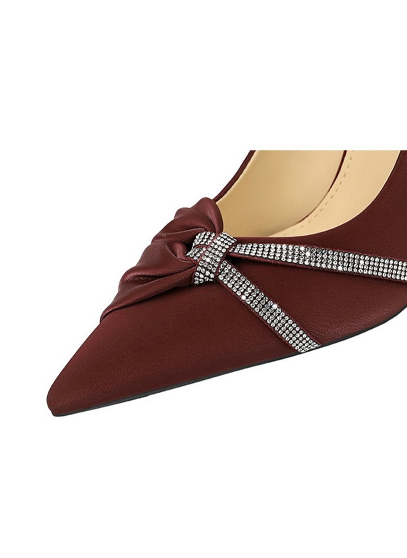 BIGTREE Women's Closed Pointed Toe Stiletto Pump Rhinestone Bowknot Decoration High Heels Wine Red 7 CM  - Image 2