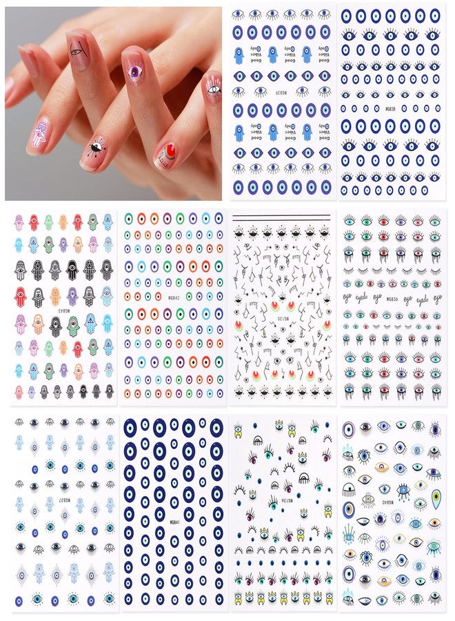 BENOSPACE 10 Sheets Evil Eye Nail Art Stickers Decals Cartoon Hamsa Hand Polka Dot Blue Eyes Pattern Hand of Fatima Nail Design 3D Self-Adhesive Nail Art DIY Decoration Accessories for Women Girls - Image 1