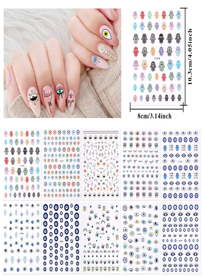 BENOSPACE 10 Sheets Evil Eye Nail Art Stickers Decals Cartoon Hamsa Hand Polka Dot Blue Eyes Pattern Hand of Fatima Nail Design 3D Self-Adhesive Nail Art DIY Decoration Accessories for Women Girls - Image 2