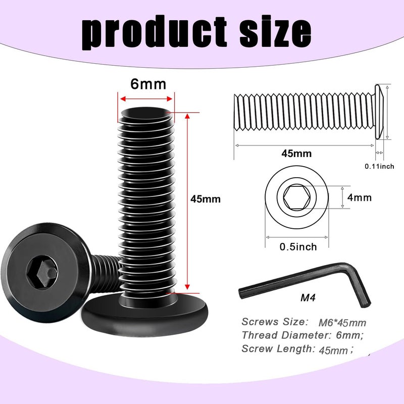 Taiss 20pcs M6 x 45mm Flat Head Socket Head Screw Furniture Bolts,Furniture Screws Stainless Steel 18-8(304),M6 Bolts Black Zinc Plated Fully Threaded,Countersunk Connector M6 Screws with Hex Spanner - Image 2